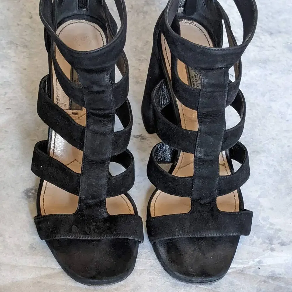 Prada Suede Gladiator Block Heel Sandals in Black, Size 9